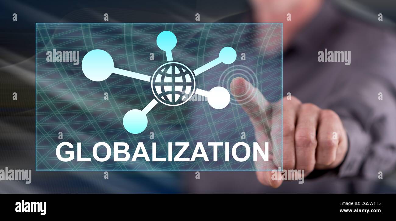 Man touching a globalization concept on a touch screen with his finger ...