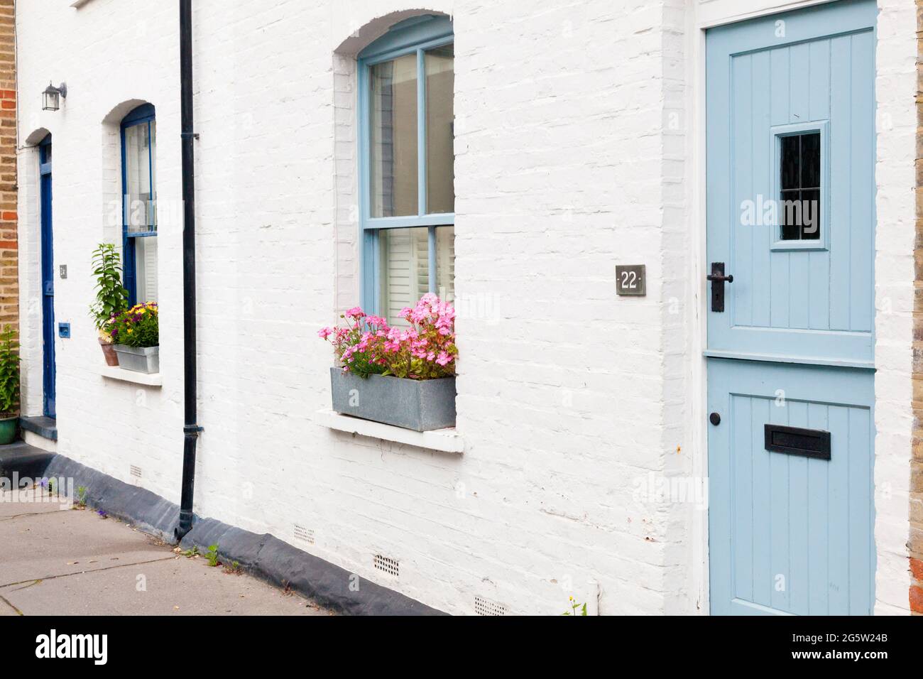 Street doors to an urban cottages, with flower containers, UK. Stock Photo