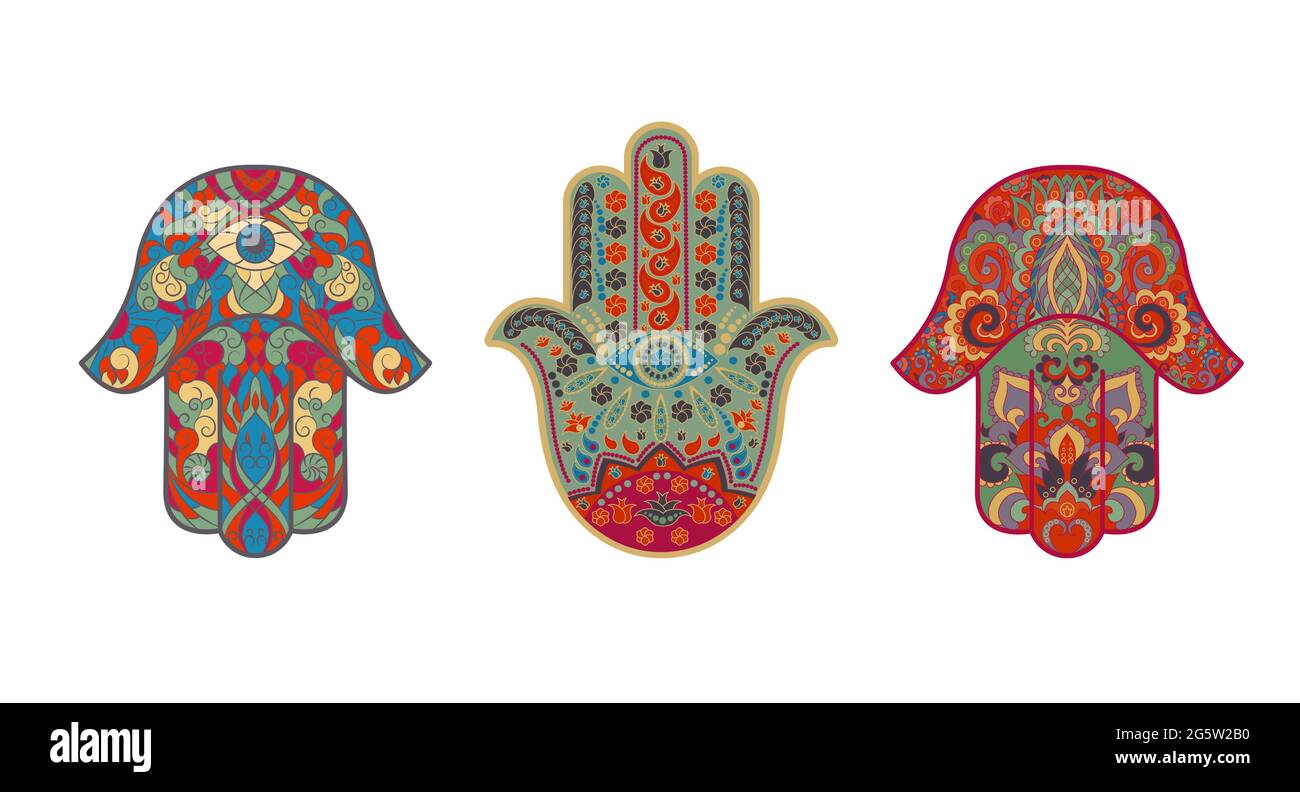 set of traditional oriental or Indian sacred religious symbols-amulets-Hamsa, Miriam's hand, David's palm, Hanukkah  with ornaments. Vector illustrati Stock Vector
