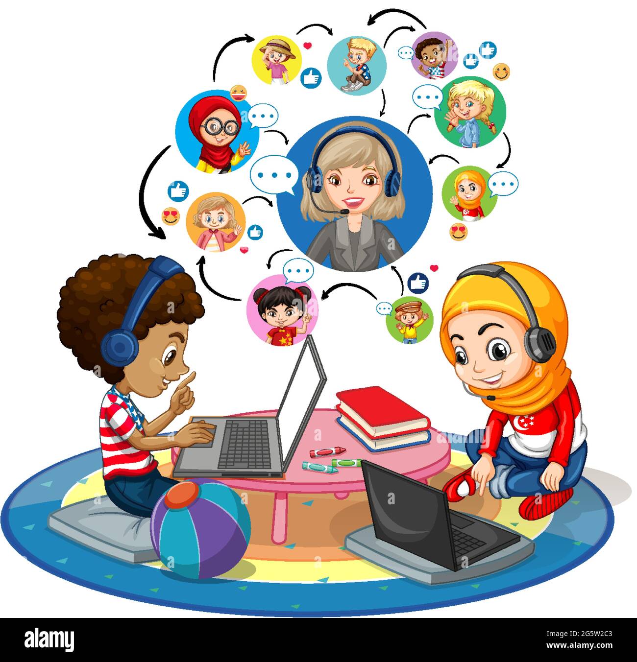 Side view of children using laptop for communicate video conference ...