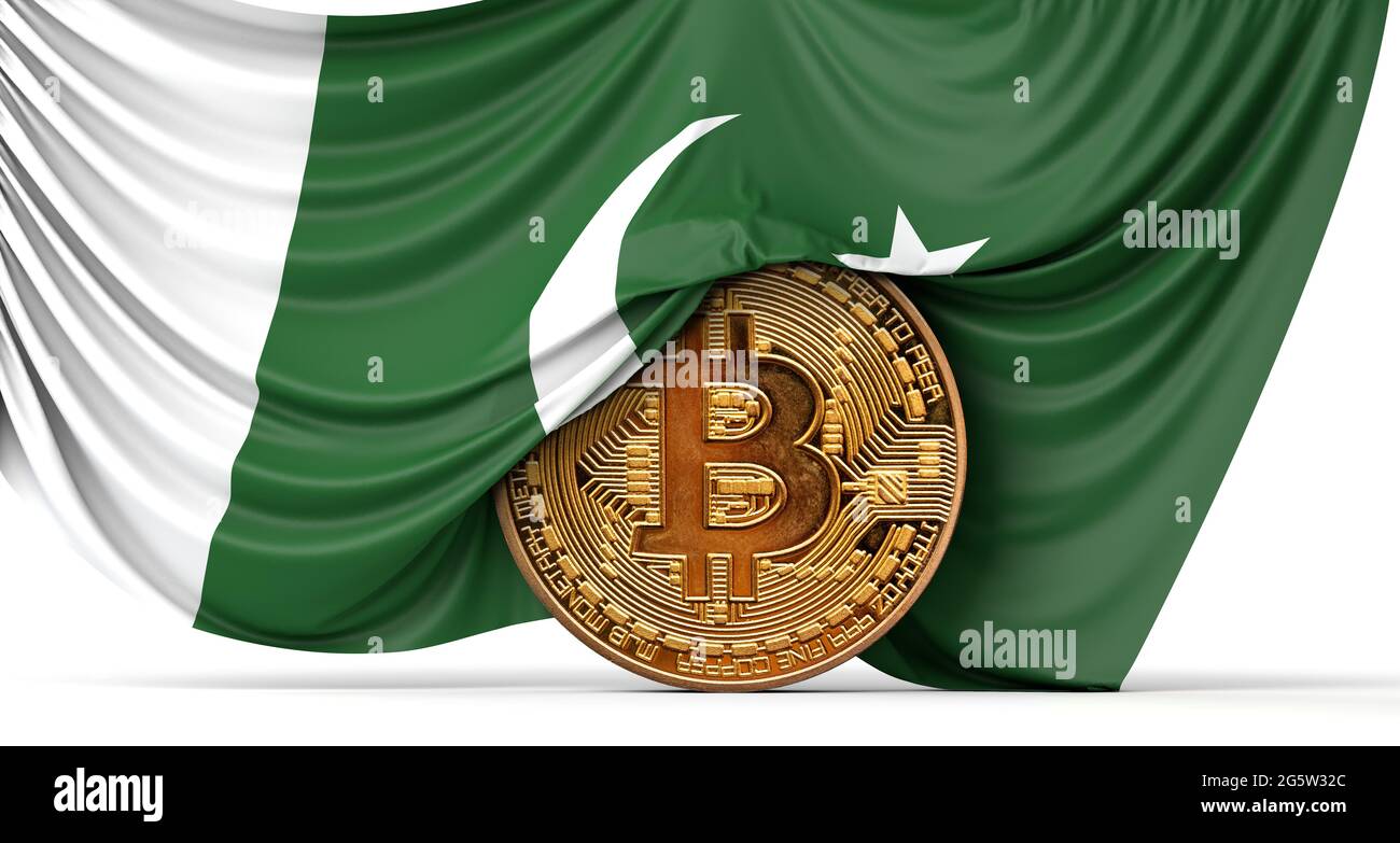 Pakistan flag draped over a bitcoin cryptocurrency coin. 3D Rendering Stock  Photo - Alamy