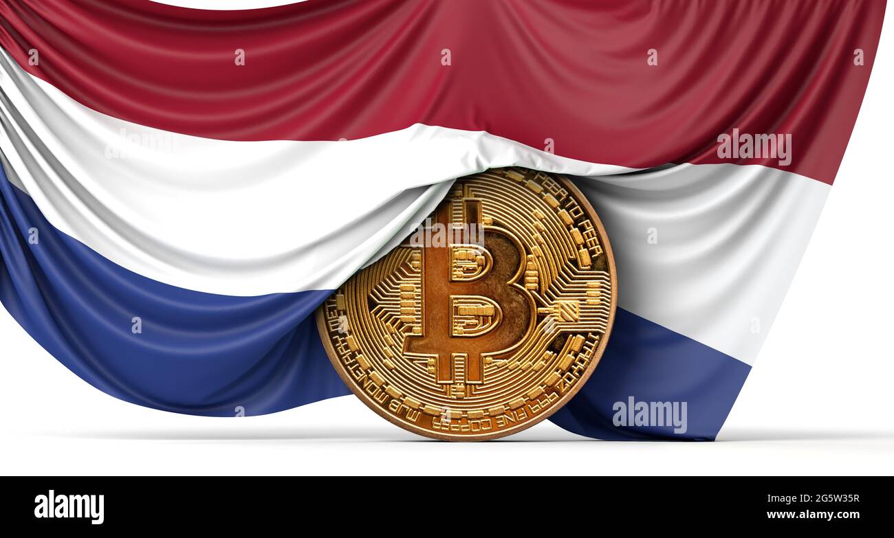 Netherlands flag draped over a bitcoin cryptocurrency coin. 3D Rendering  Stock Photo - Alamy