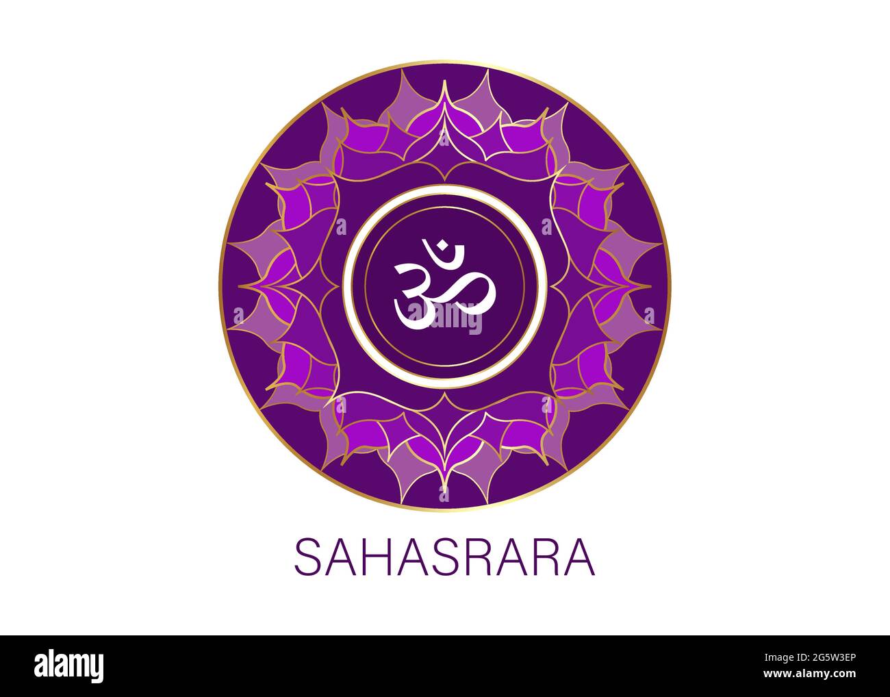 seventh chakra Sahasrara logo template.  Circle Crown chakra symbol, Purple sacral sign meditation, yoga round mandala icon. The symbol Om sign Stock Vector