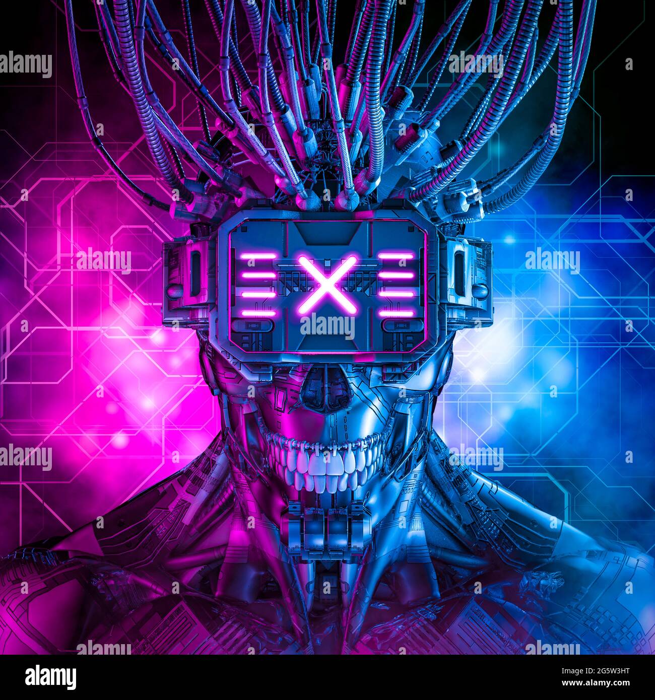 Hardwired cyberpunk skull robot / 3D illustration of science fiction cyberpunk skull faced grinning android wearing futuristic virtual reality glasses Stock Photo
