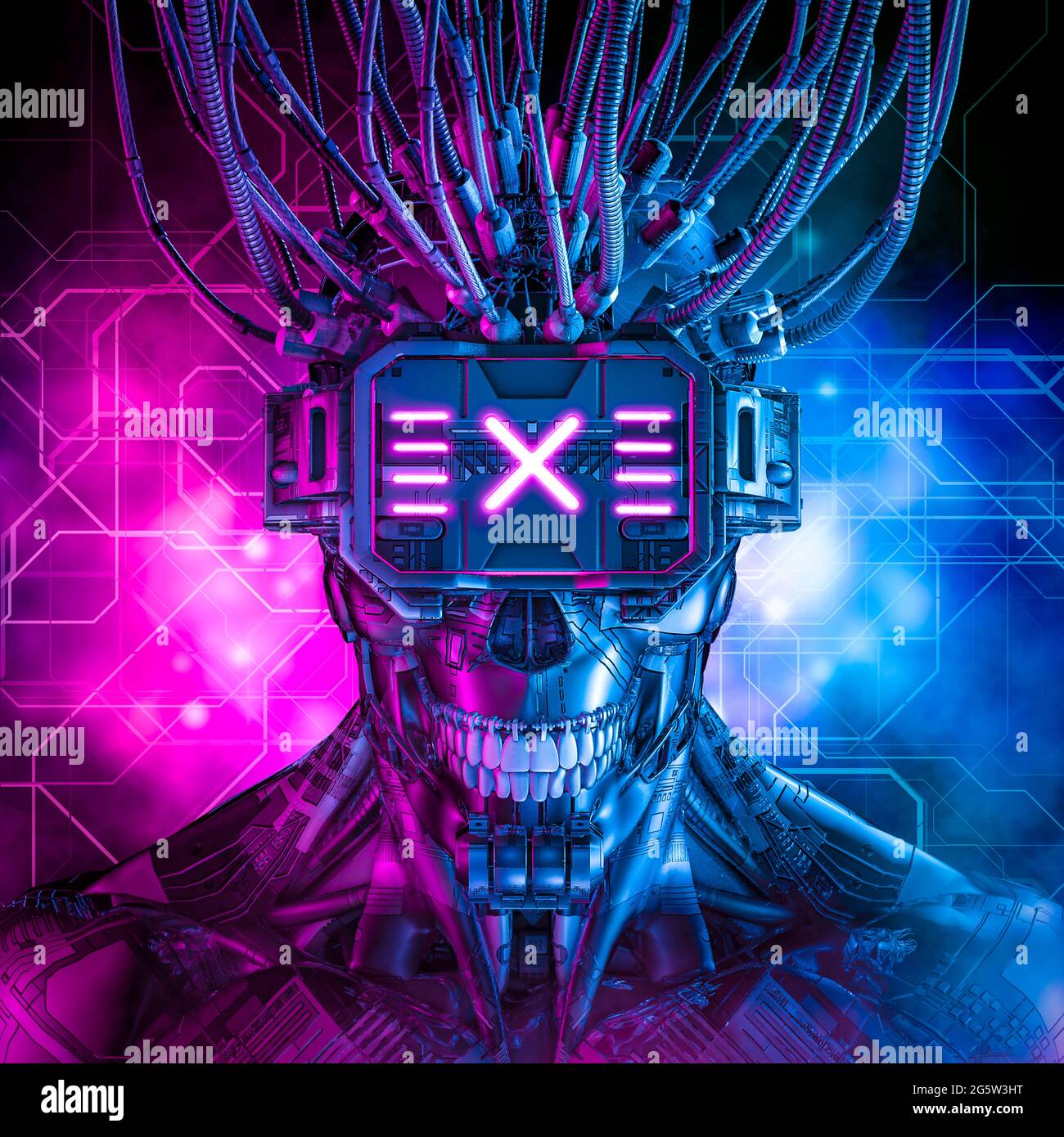 Hardwired cyberpunk skull robot / 3D illustration of science fiction