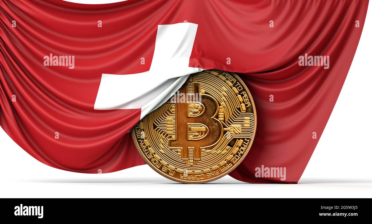 Switzerland flag draped over a bitcoin cryptocurrency coin. 3D Rendering  Stock Photo - Alamy