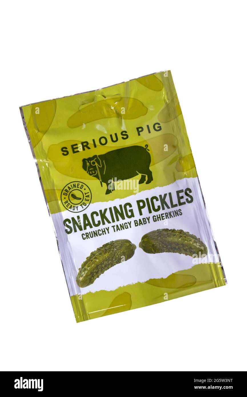 A packet of Serious Pig Snacking Pickles. Stock Photo