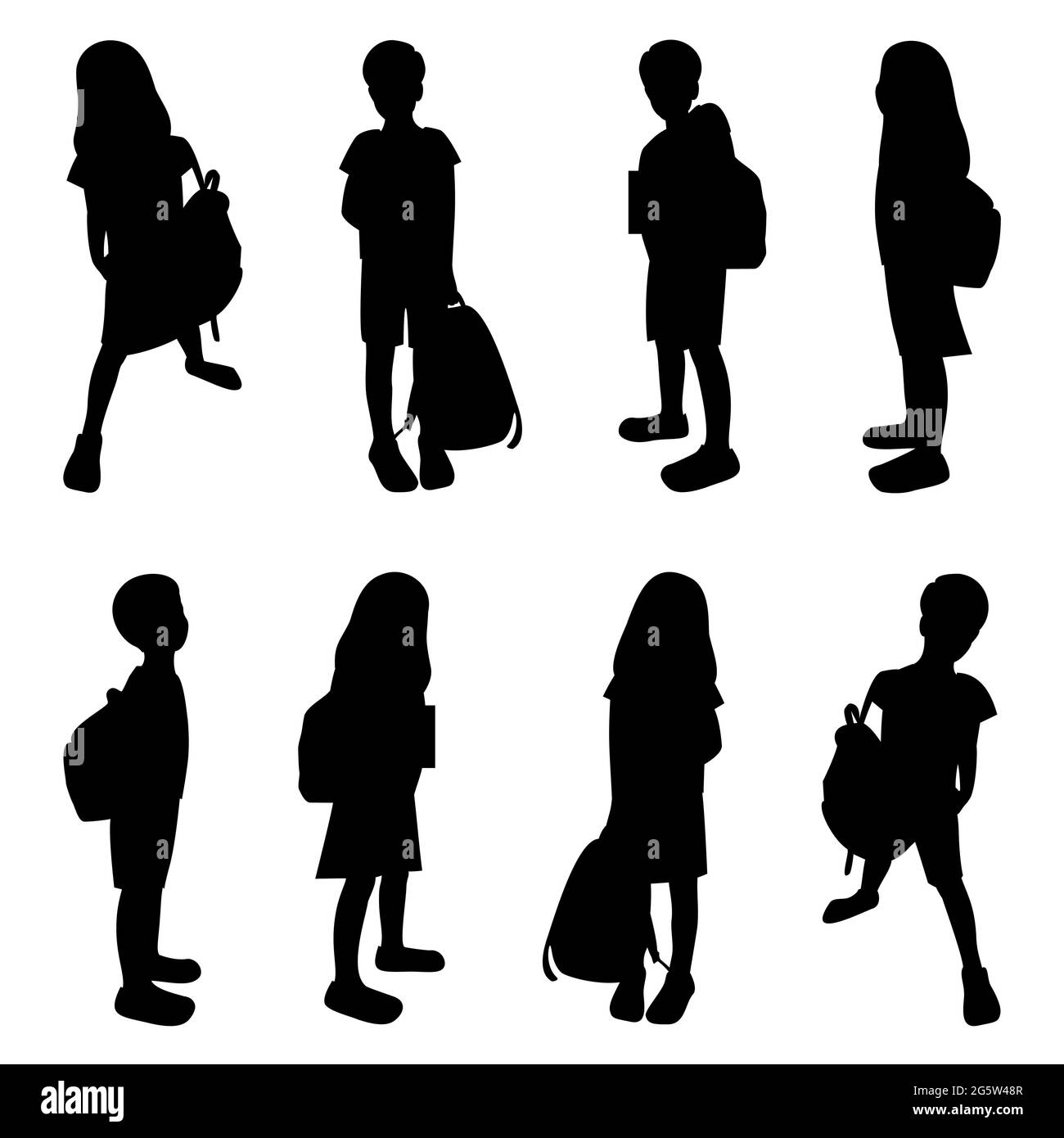 Children with schoolbags black silhouettes set, schollboy kids isolated, pupils boys and girs in different poses with bags, back to school vector Illustration. Stock Vector