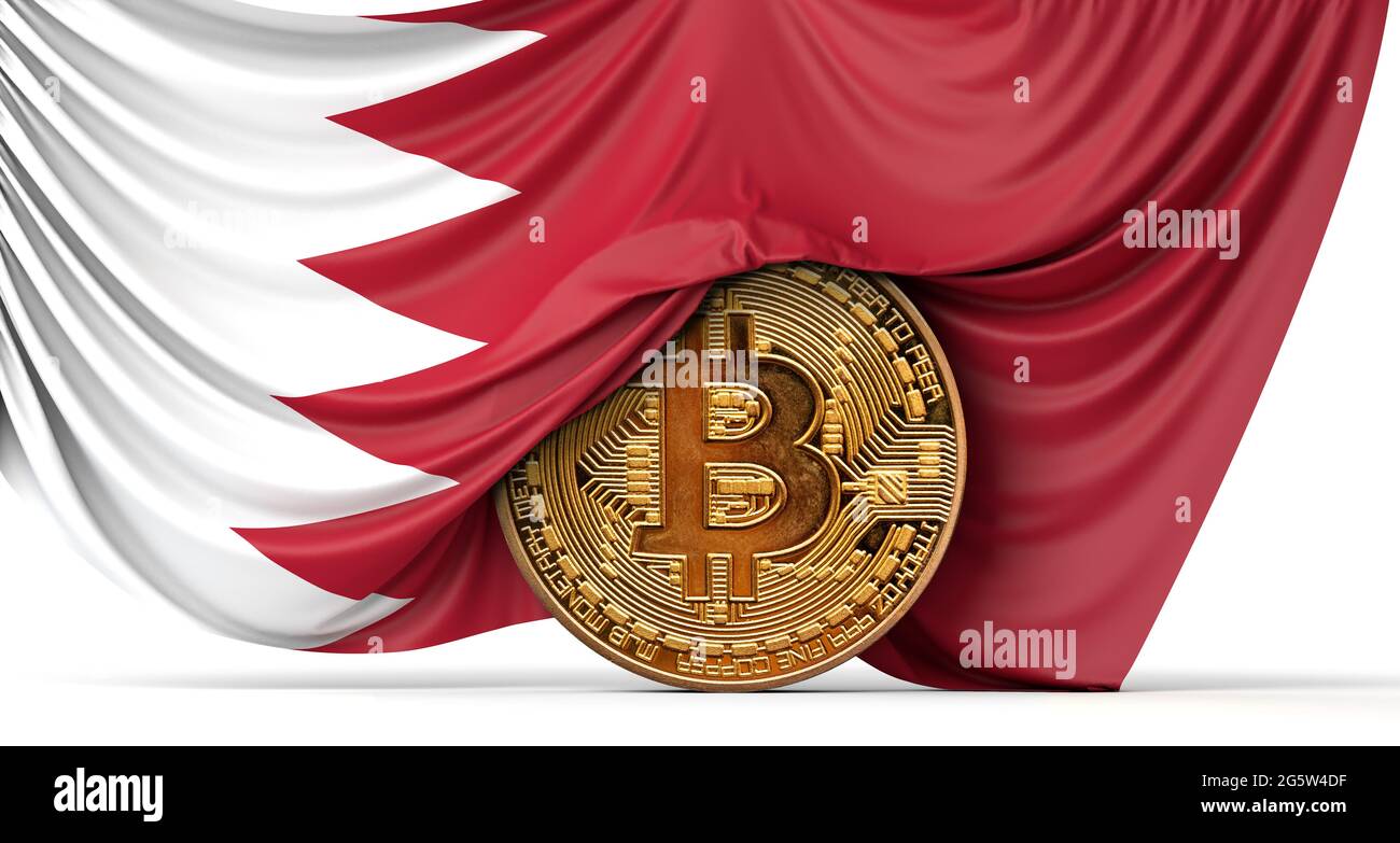 Bahrain flag draped over a bitcoin cryptocurrency coin. 3D Rendering Stock  Photo - Alamy