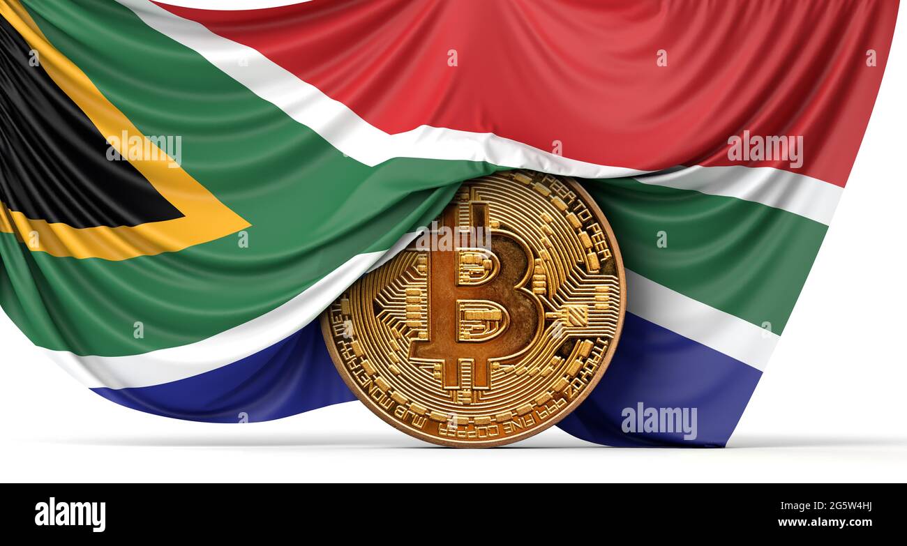South Africa flag draped over a bitcoin cryptocurrency coin. 3D Rendering  Stock Photo - Alamy