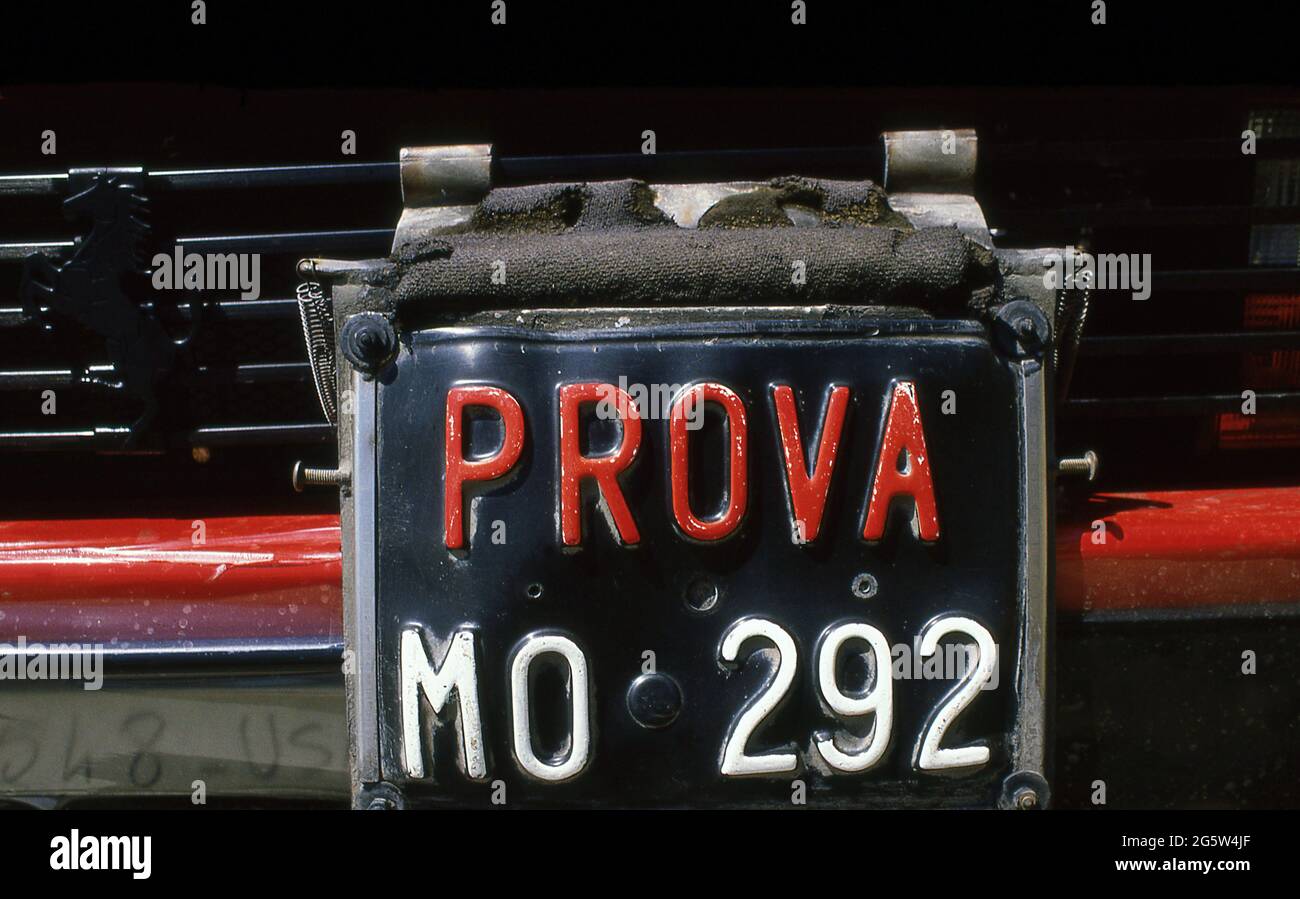 Ferrari  Prova registration plate, for their car testing 1987 Stock Photo