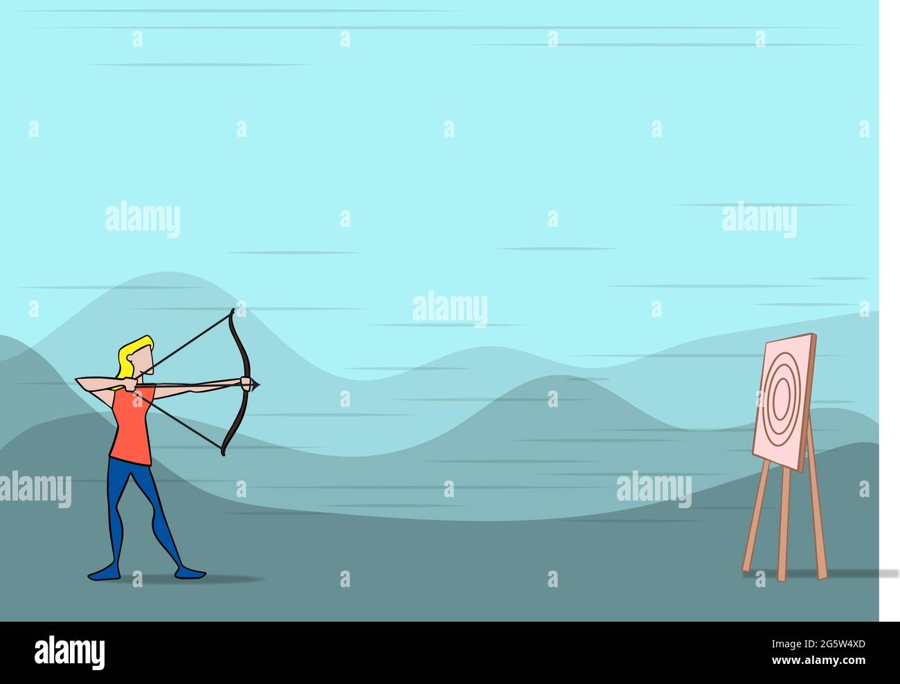 Lady Archer Illustration Holding Bow Aiming For Target With Mountains ...