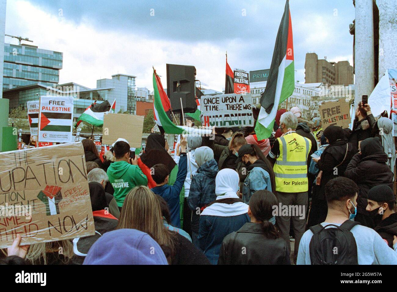 Manchester, UK - 22 May 2021: People at Piccadilly Gardens to protest the action on Gaza. Stock Photo