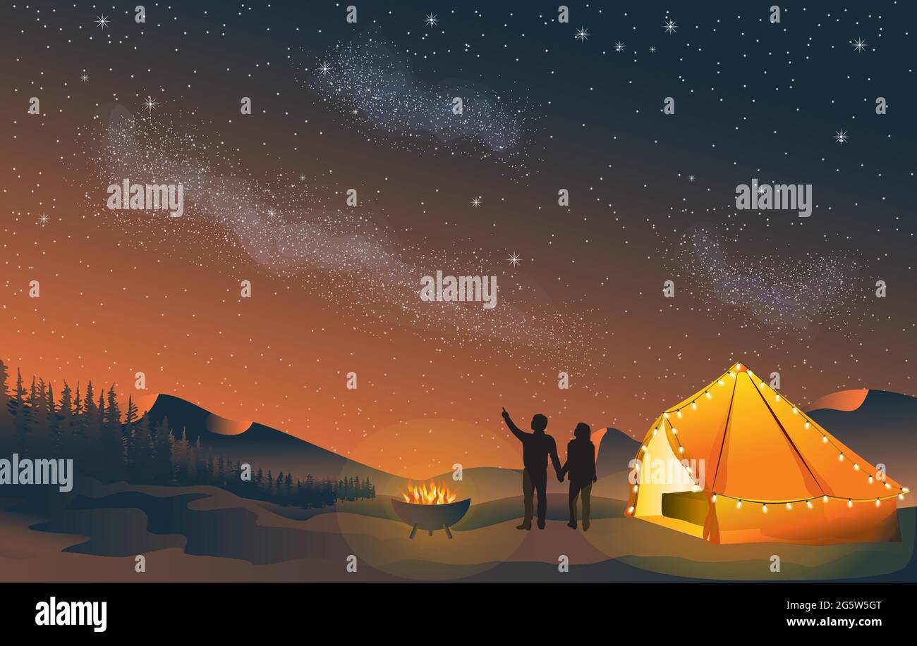 Glamping couple Stargazing looking at dark night sky stars in wilderness. A couple by fire pit and fairy lights on tent with man woman in silhouette. Stock Vector