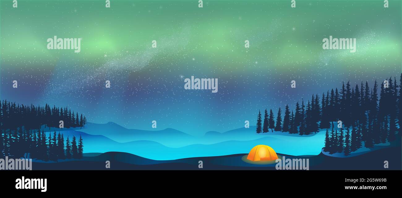 Camping under Aurora Borealis Northern Lights in Snow. Dark night sky with tent under milky way stars. Astronomy concept vector grouped and layered ba Stock Vector