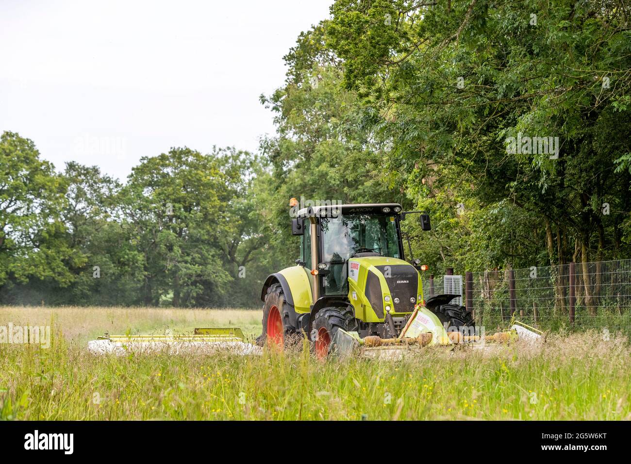 Summer grass cutting, Forest of Dean. CLAAS 820 Axion tractor and cutters. Stock Photo