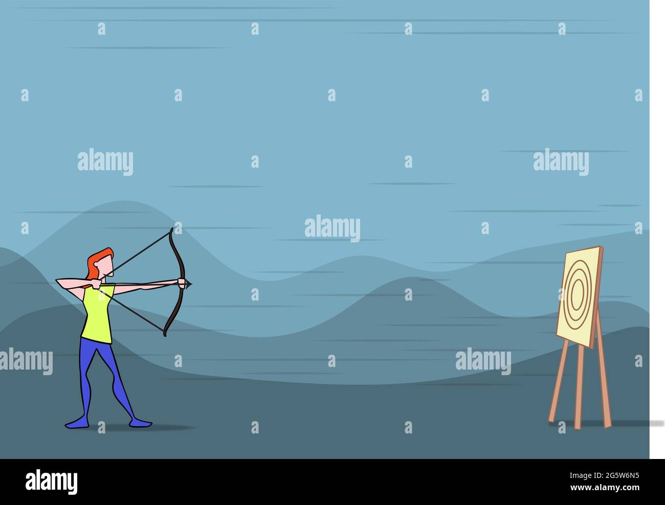 Lady Archer Illustration Holding Bow Aiming For Target With Mountains
