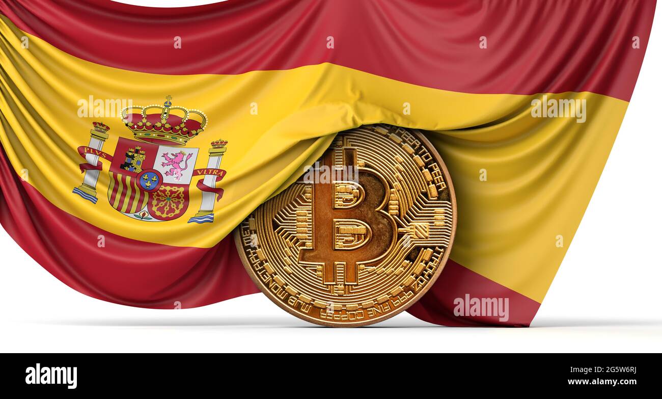 Spain flag draped over a bitcoin cryptocurrency coin. 3D Rendering Stock  Photo - Alamy