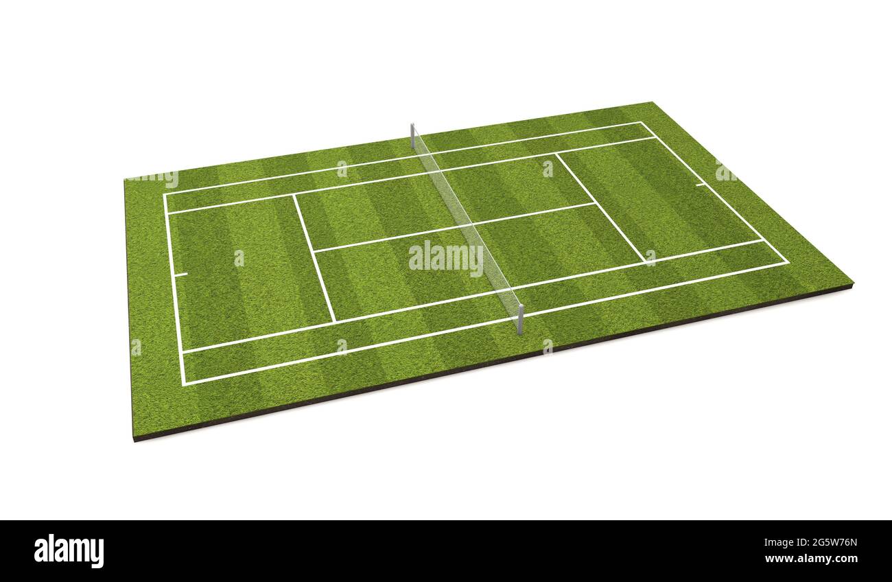 Grass tennis court with white markings and net. 3D Rendering Stock Photo -  Alamy