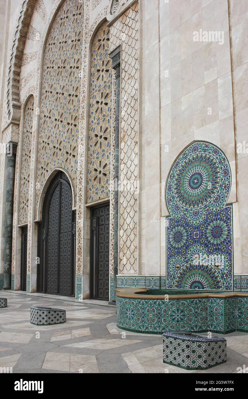 Ornate Tiled Fountain and Door at Hassan II Mosque in Casablanca, Morocco Stock Photo
