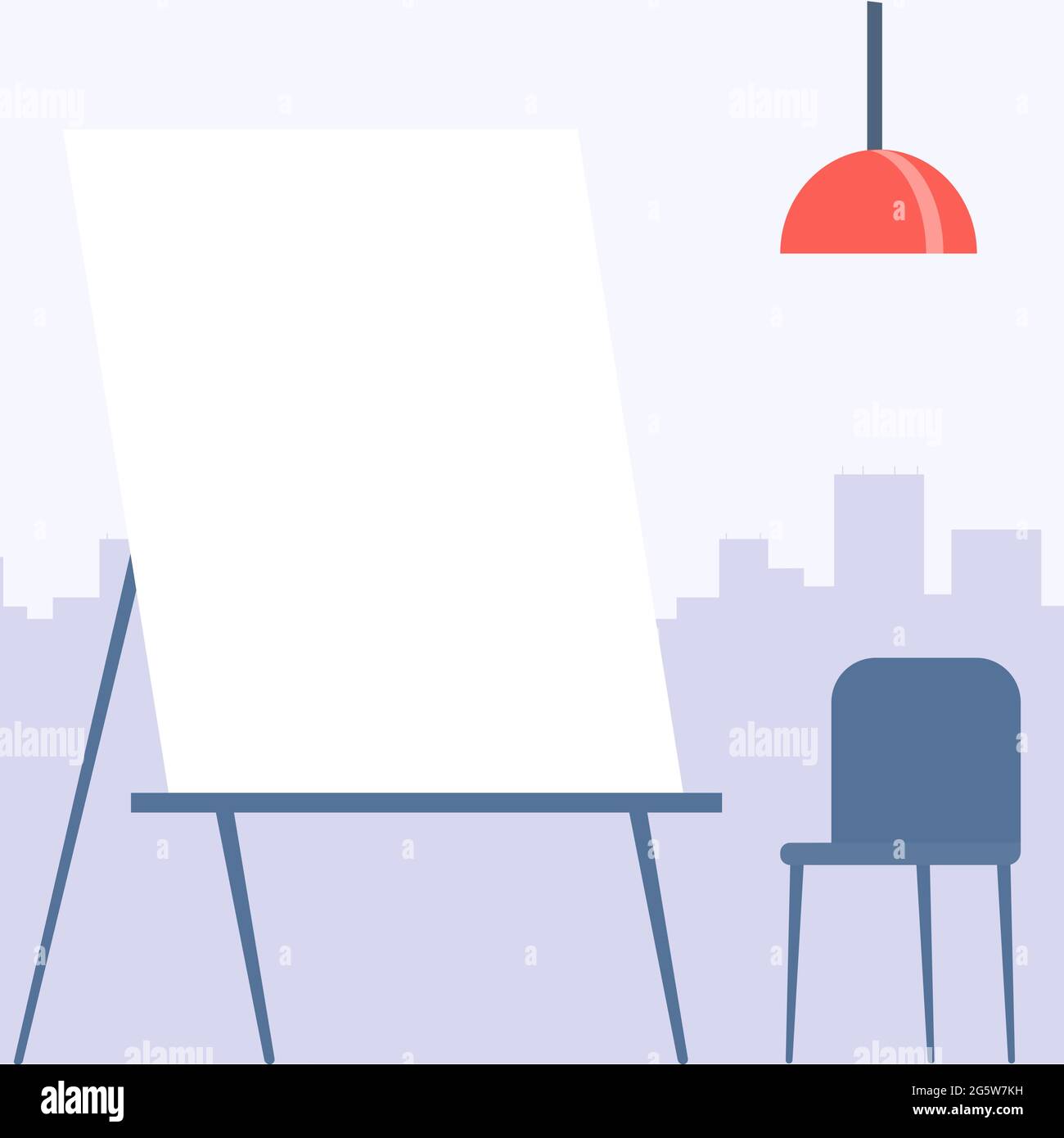 Blank Painting Canvas Drawing With Cityscape Background and empty chair