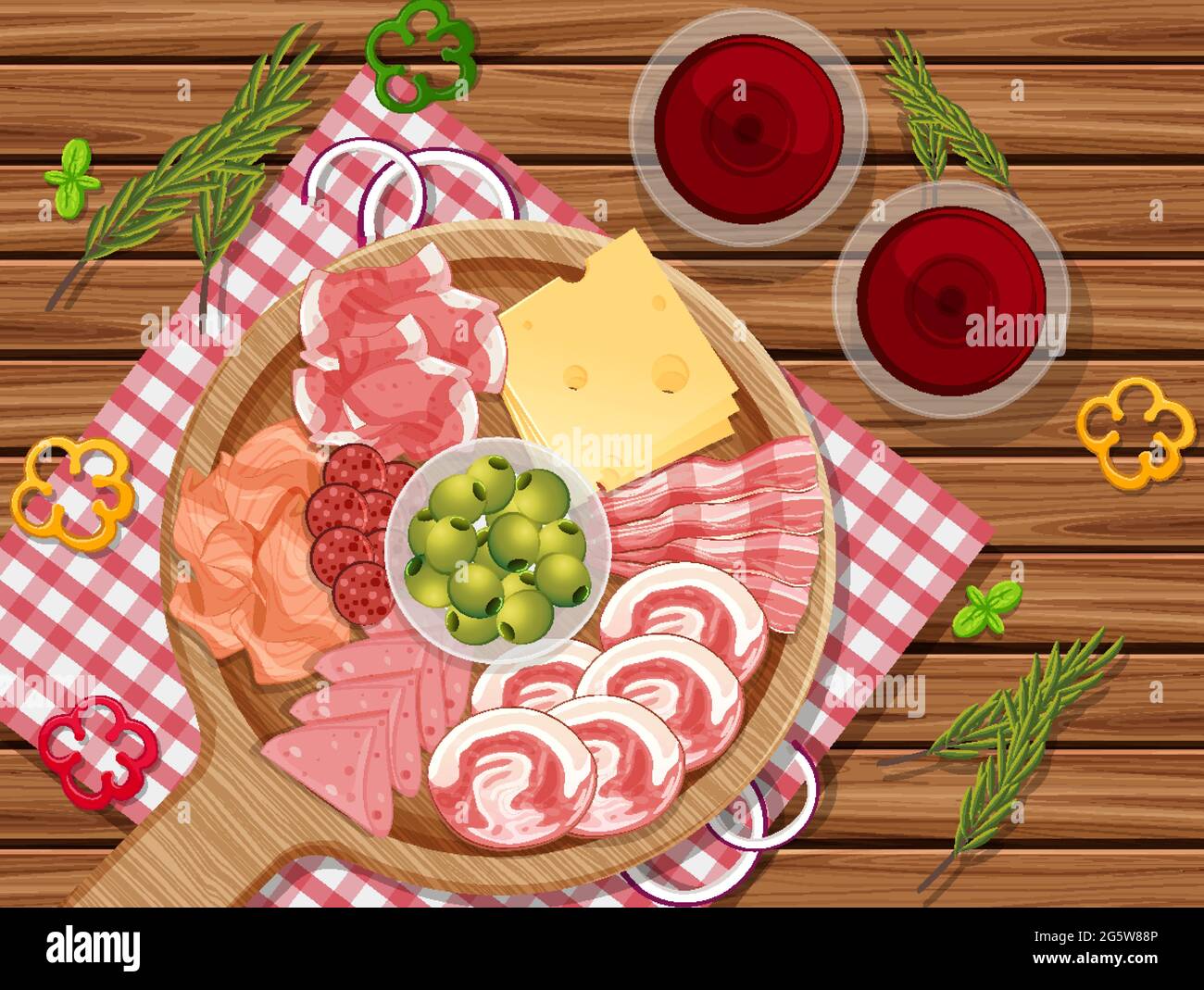 Platter of cold meats and smoked meat on the table background illustration Stock Vector