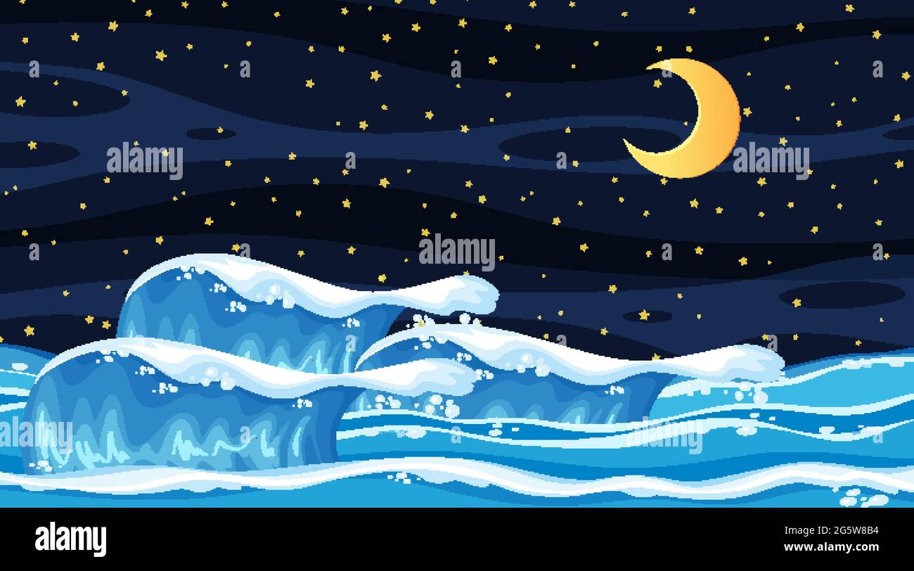 Beach landscape at night scene with ocean wave illustration Stock ...