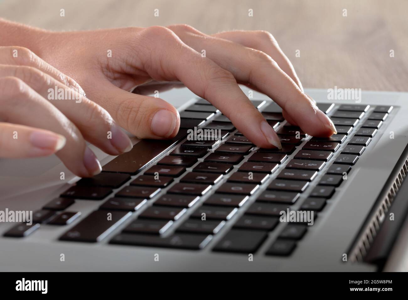 Close up of caucasian businesswoman typing on keyboard, isolated on ...