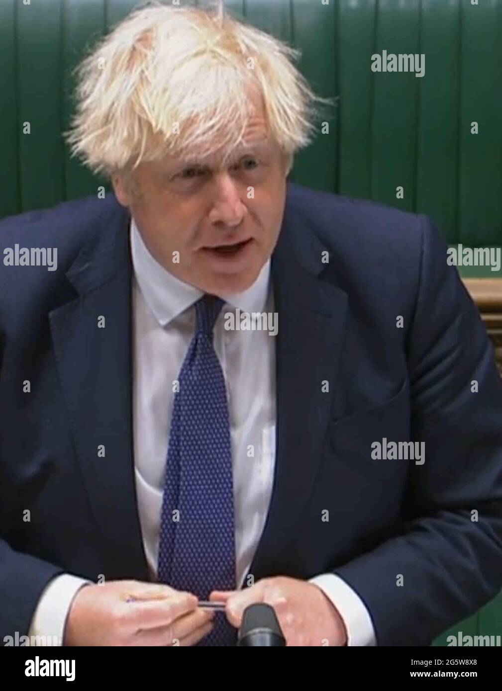 Prime Minister Boris Johnson speaks during Prime Minister's Questions in the House of Commons, London. Stock Photo