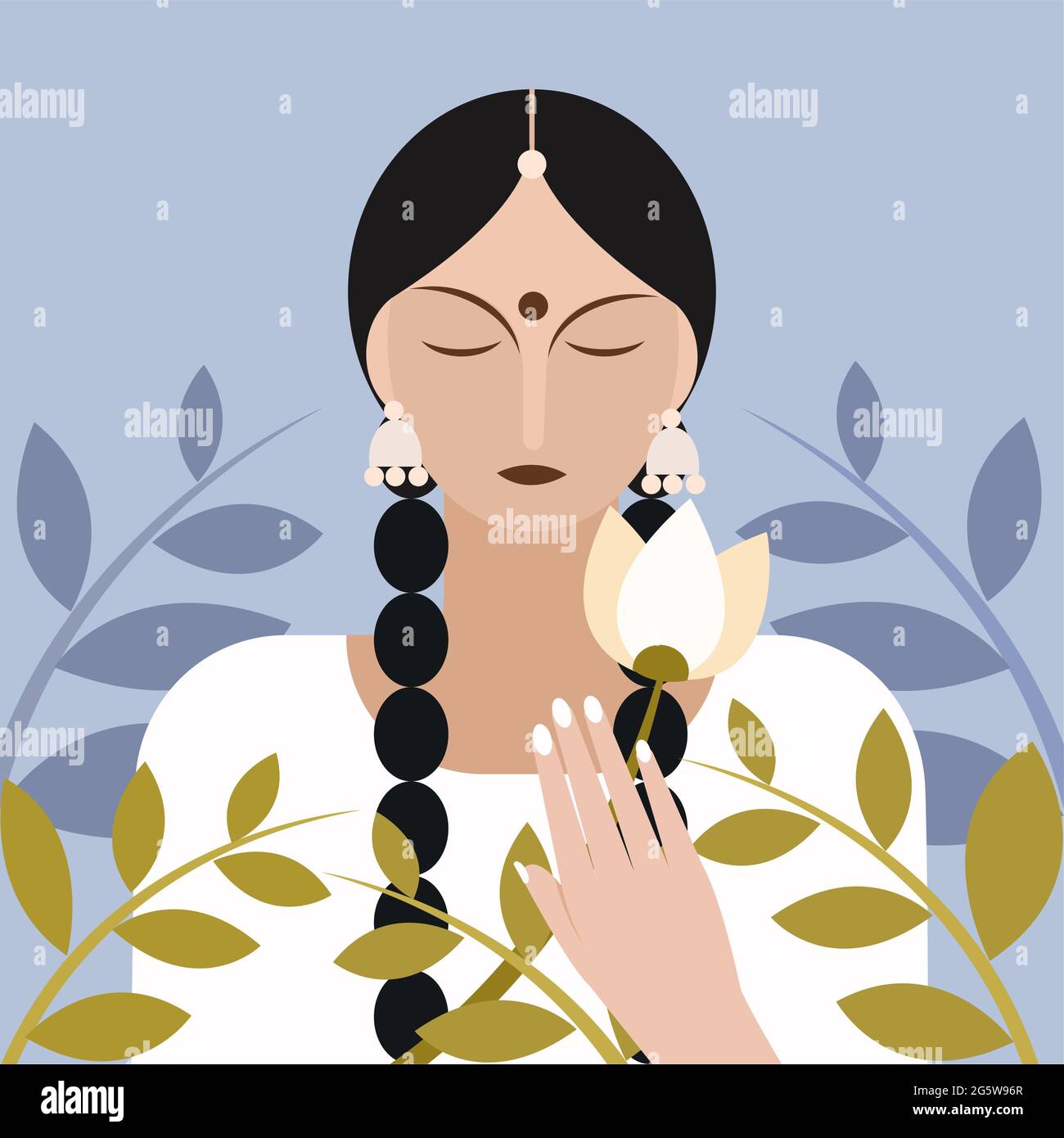 Illustration of portrait of a traditional girl holding lotus flowers Stock Vector