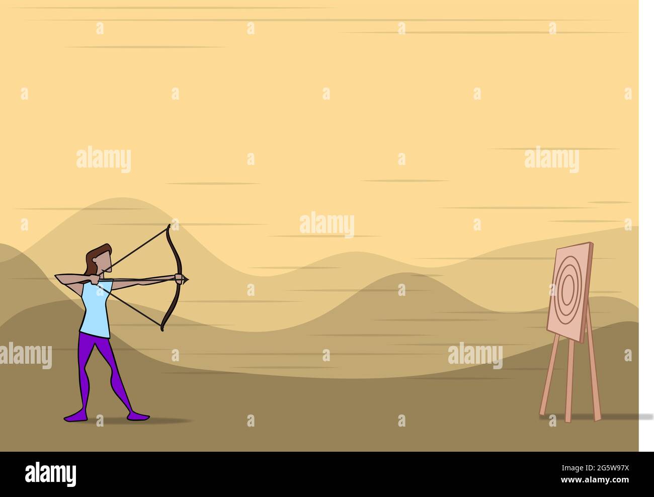 Lady Archer Illustration Holding Bow Aiming For Target With Mountains