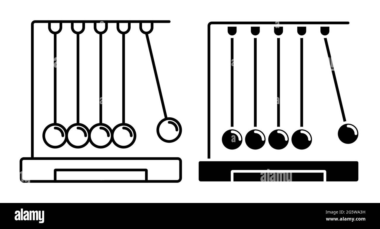 Linear icon of newton cradle. Balls hanging on strings. Studying force of attraction in physics lesson at school. Simple black and white vector Stock Vector