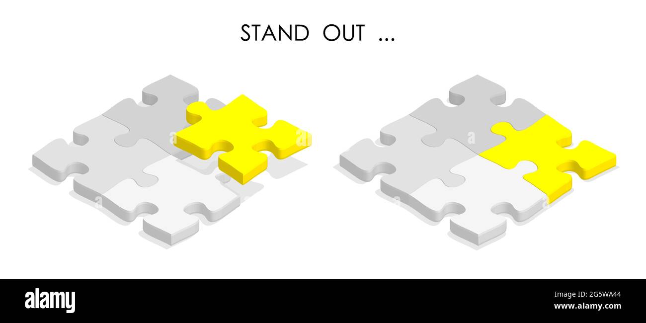pieces of puzzle are connected together. Bright leader against background of gray pieces. Team Leadership. Difference, individuality. Realistic 3D vec Stock Vector