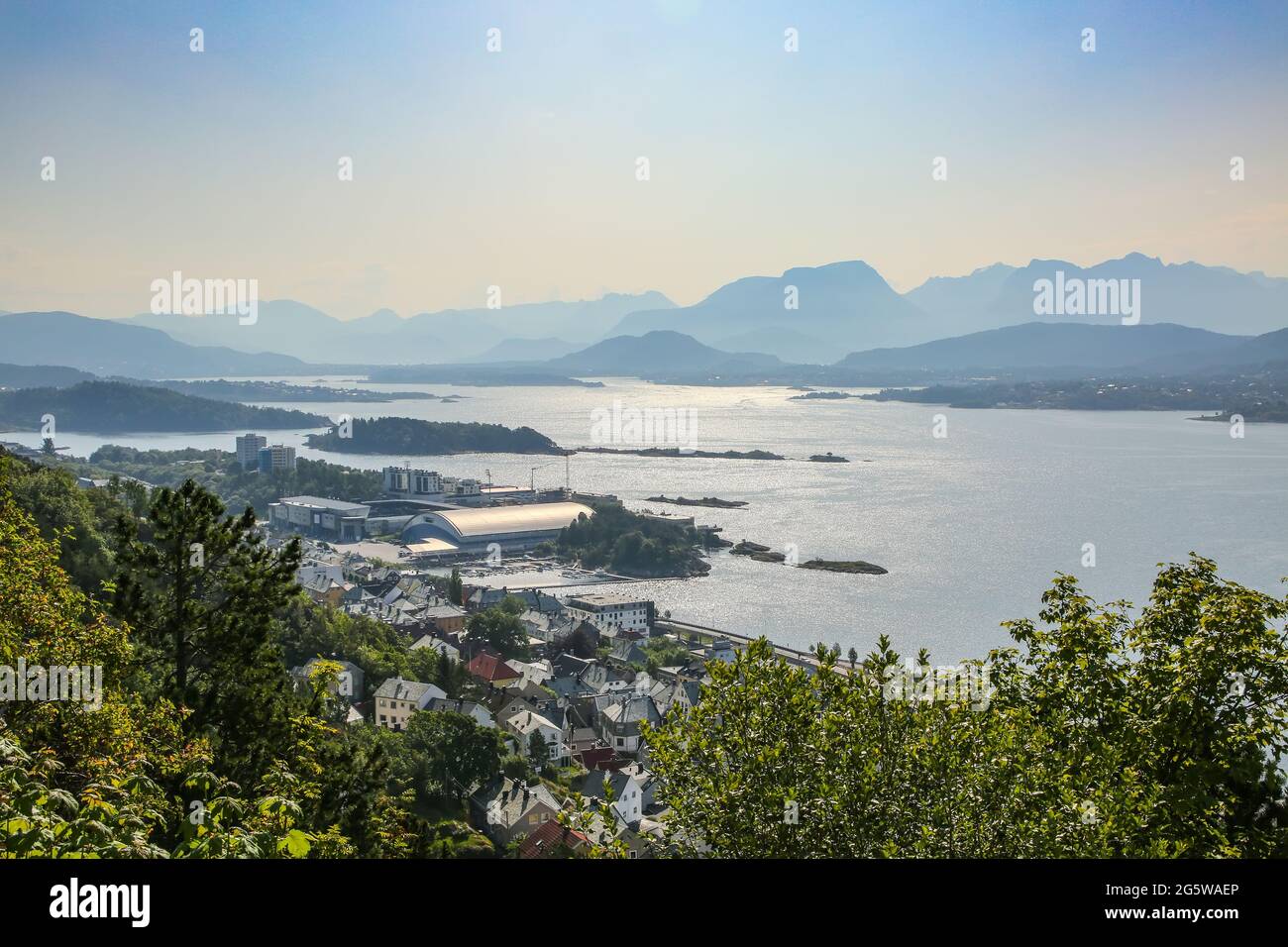 View of Alesund; Panoramic view of the archipelago, islands and fjords from the viewpoint Aksla, Alesund, Norway. Stock Photo