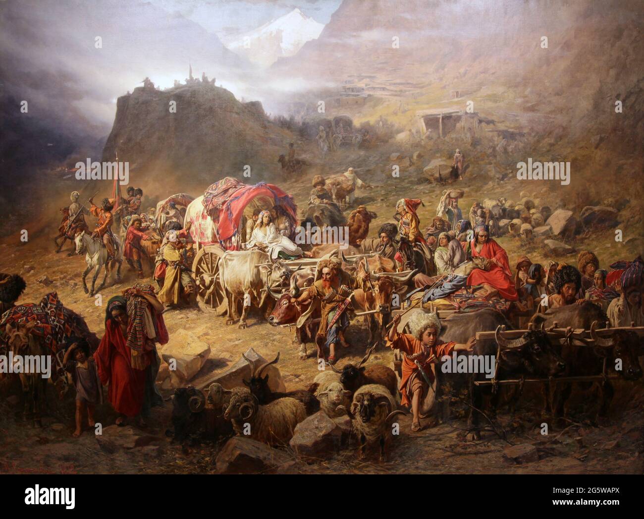 Mountaineers Leaving the Aul at the Approach of Russian Troops 1872 a painting by russian artist Pyotr Gruzinsky 1837-1892.(Georgian royal prince  from the House of Mukhrani of the royal Bagrationi dynasty.) Stock Photo