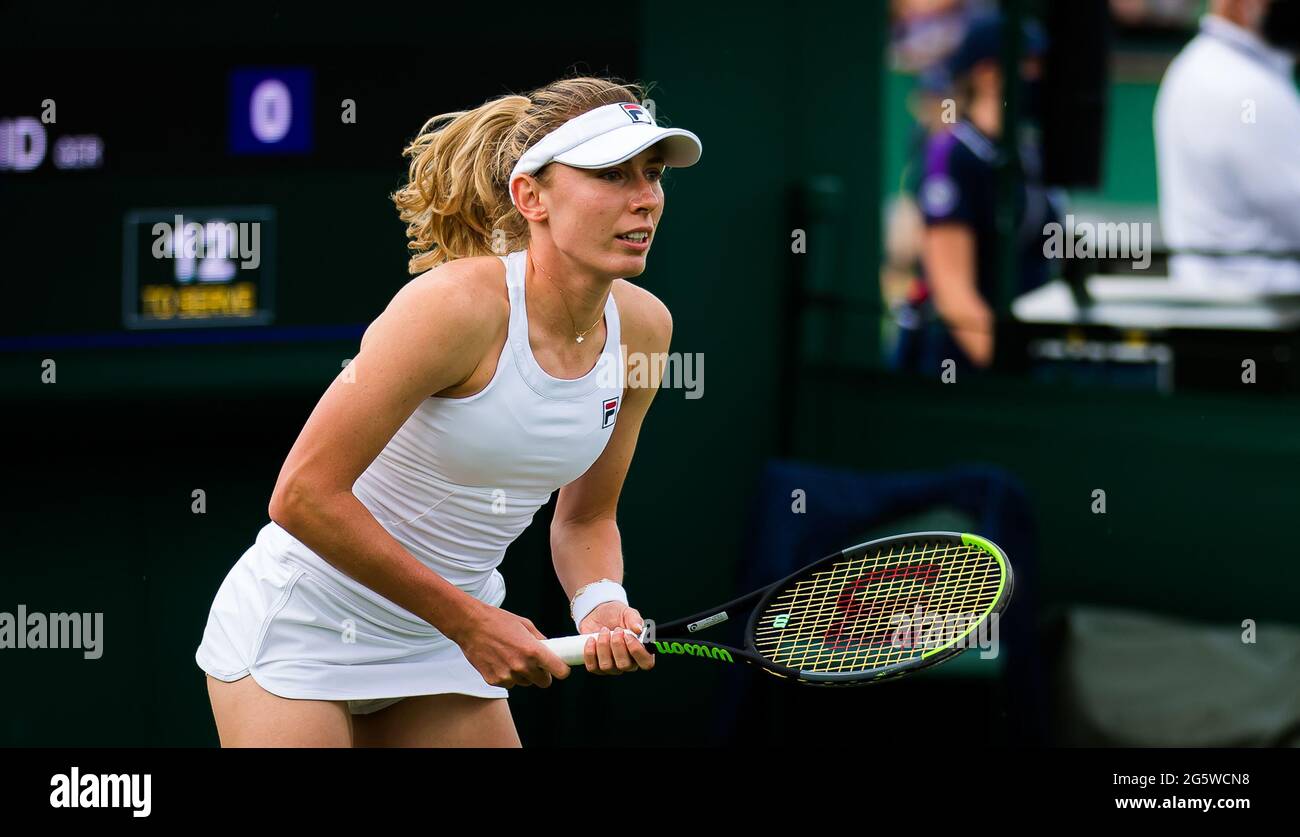 Wimbledon, UK, 2021, Ekaterina Alexandrova of Russia in action against  Laura Siegemund of Germany during the first round of The Championships  Wimbledon 2021, Grand Slam tennis tournament on June 28, 2021 at