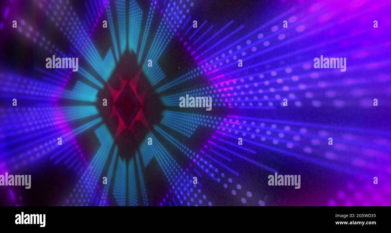 Image of diamond shaped blue and pink 3d light display flashing and moving on black background Stock Photo