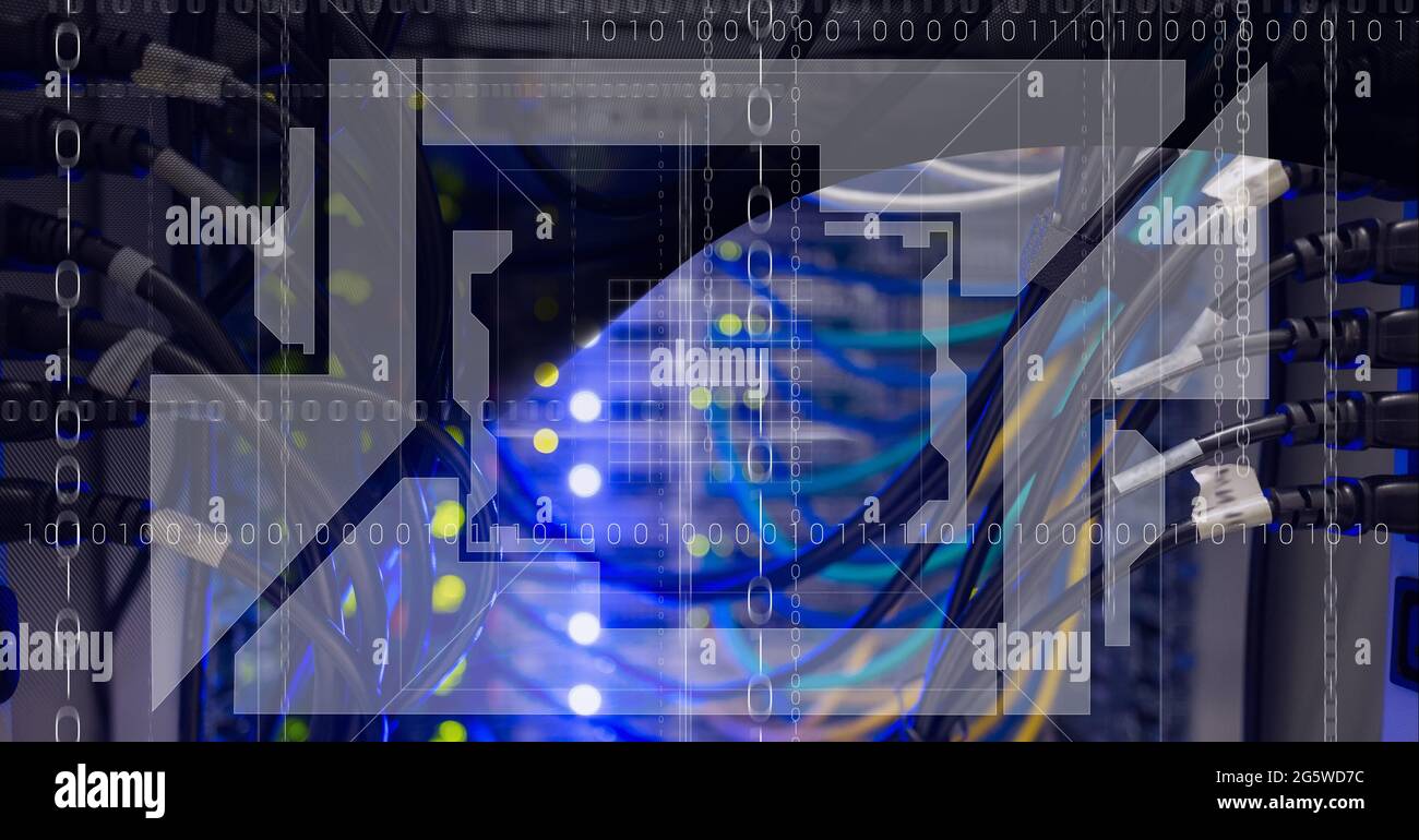 Data processing over close up view of computer server against black ...