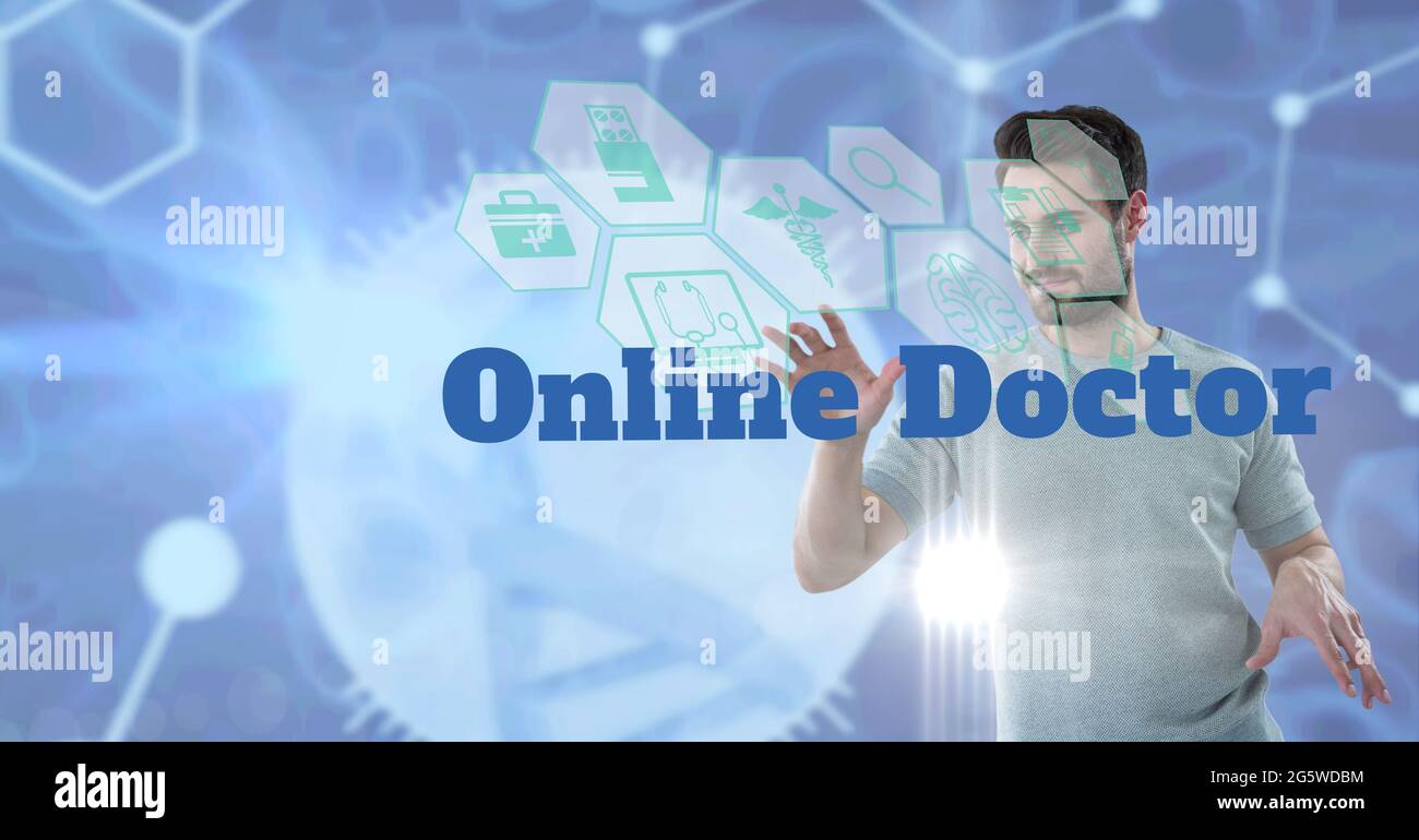Online doctor text and medical icons against caucasian man touching ...