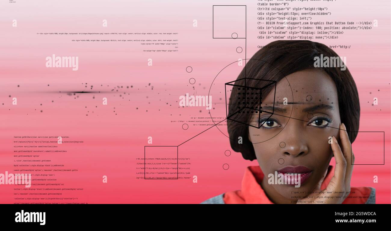 Geometry shapes and data processing over portrait of businesswoman against pink gradient background Stock Photo