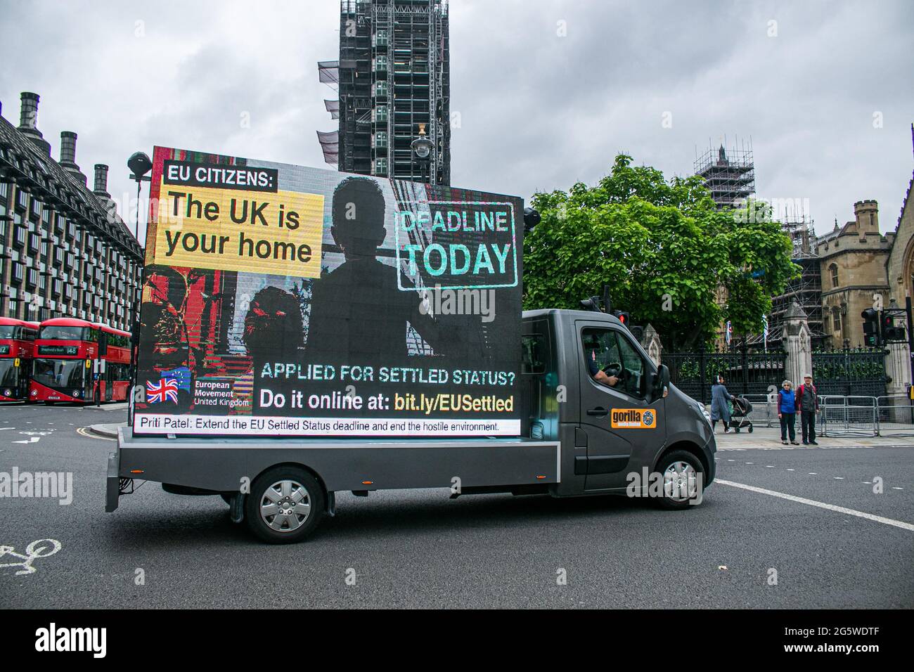WESTMINSTER LONDON 30 June 2021.  A van driving around Westminster carrying an electronic message as today is the deadline for EU citizens living in the United Kingdom  to apply  for post-Brexit residency and settled status under the government's EU Settlement Scheme which ends  at midnight. Credit amer ghazzal/Alamy Live News Stock Photo