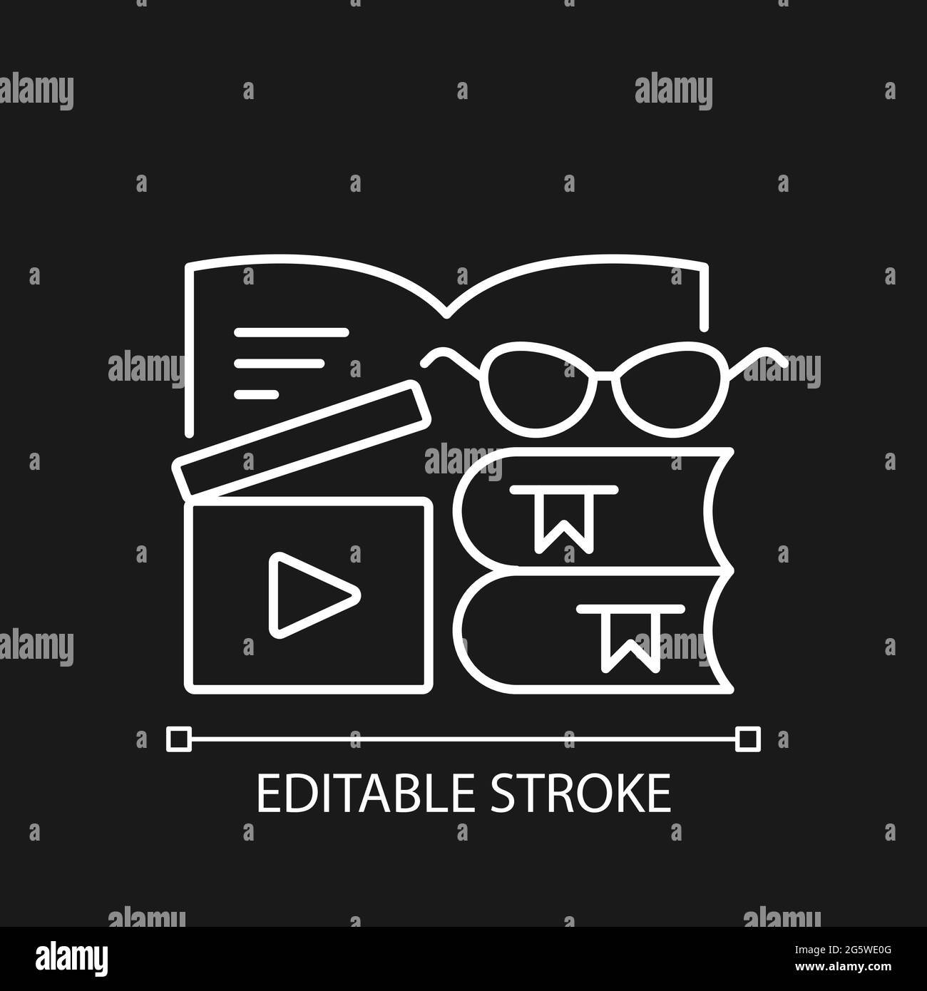 Book review videos white linear icon for dark theme. Shooting content for literature vlog. Thin line customizable illustration. Isolated vector contou Stock Vector