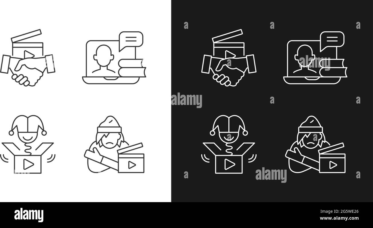 Different video linear icons set for dark and light mode. Business to business service. Online webinar. Customizable thin line symbols. Isolated vecto Stock Vector