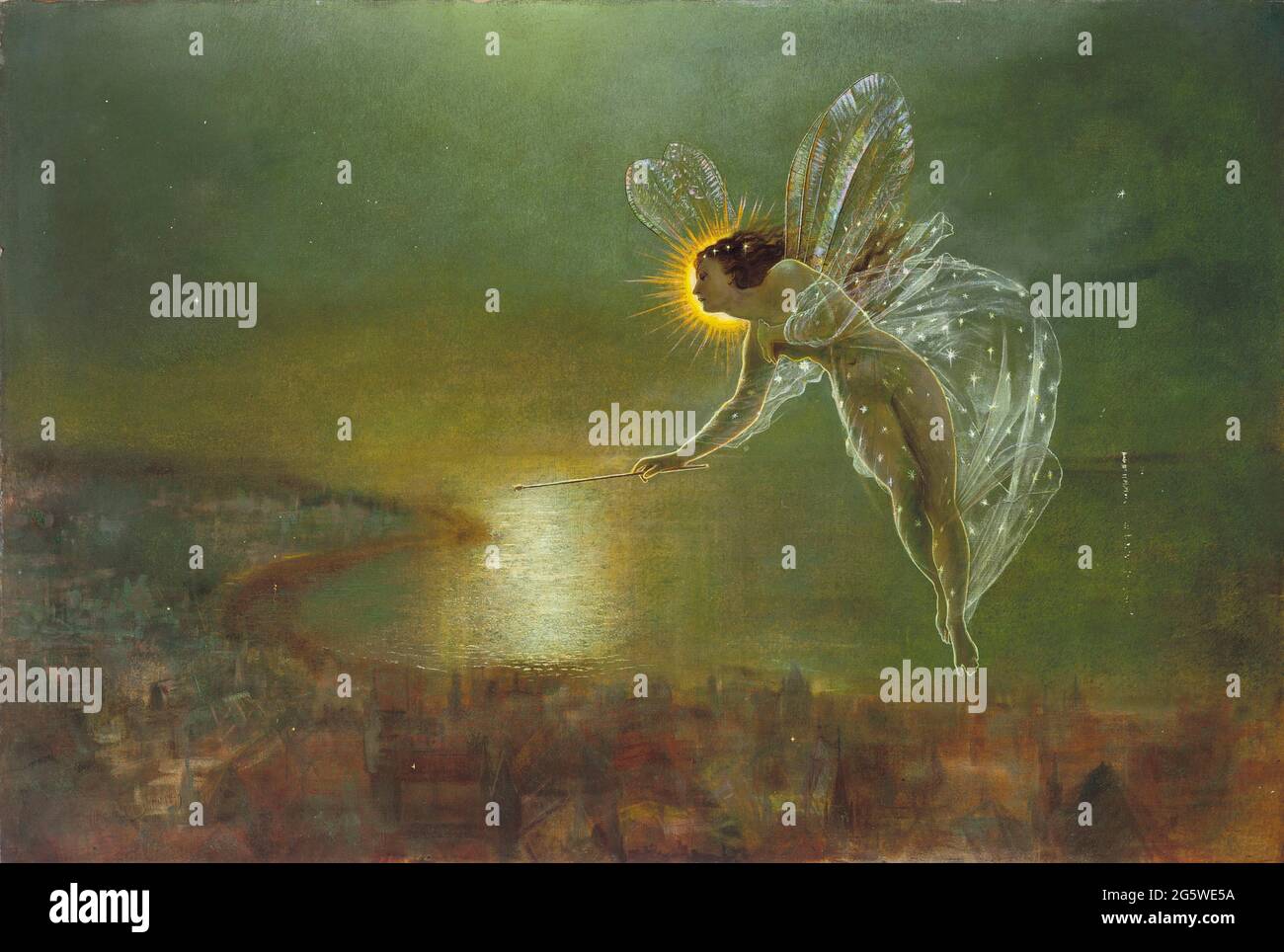 John Atkinson Grimshaw artwork entitled Spirit of Night - A fairy in flight regards the city below. Stock Photo