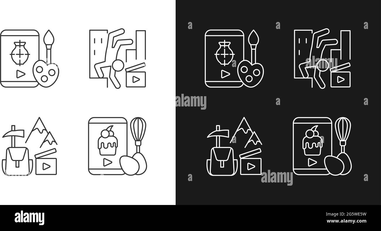 Internet video linear icons set for dark and light mode. Drawing tutorial. Parkour footage. Travel vlog. Customizable thin line symbols. Isolated vect Stock Vector
