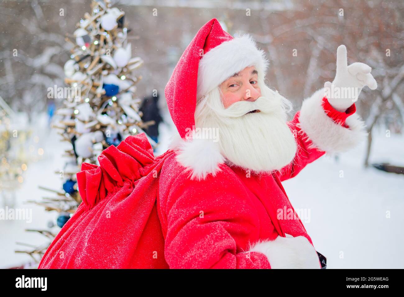 Portrait of santa claus by the christmas tree outdoors Stock Photo