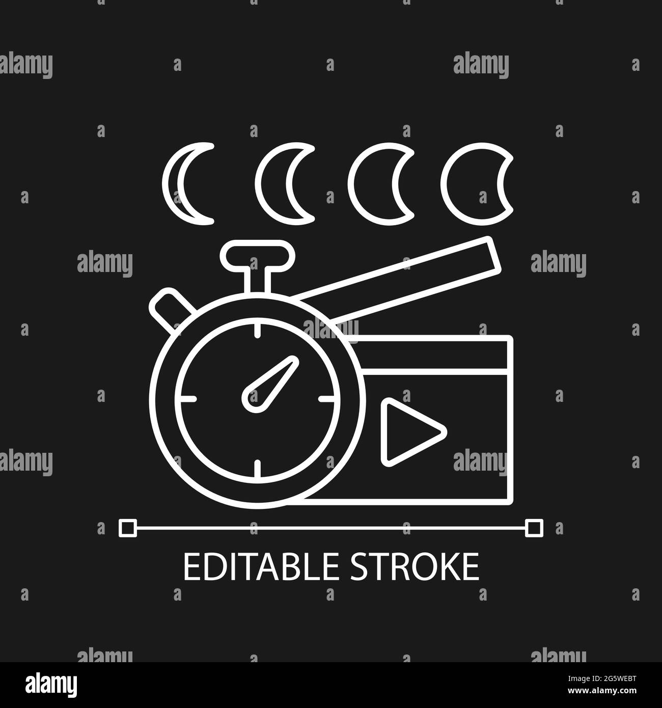 Time lapse videos white linear icon for dark theme. Shooting footage over night. Thin line customizable illustration. Isolated vector contour symbol f Stock Vector