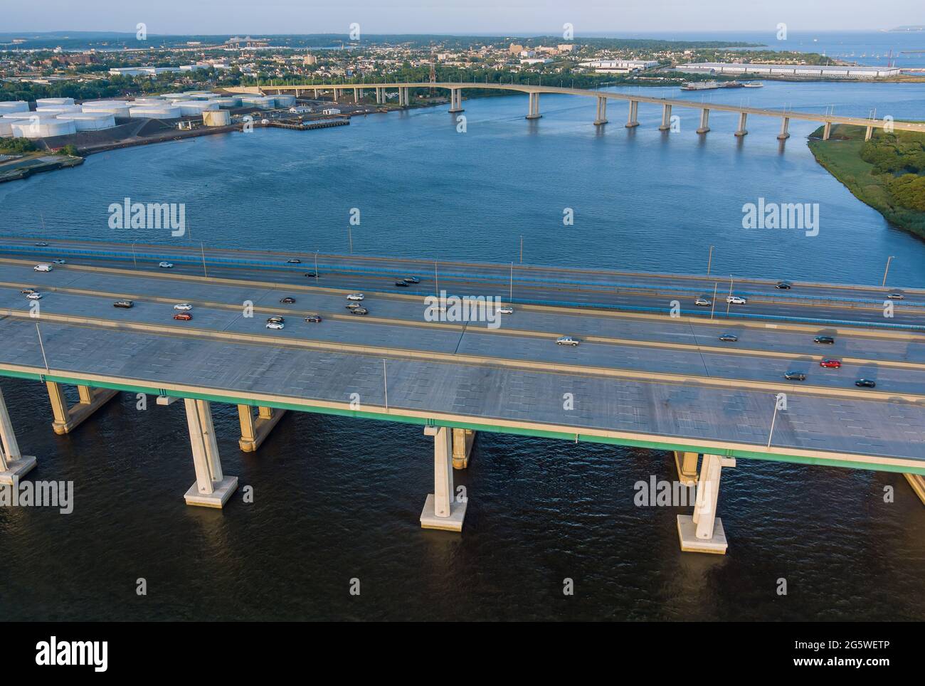 Panoramic aerial top view automobile Alfred E. Driscoll Bridge across
