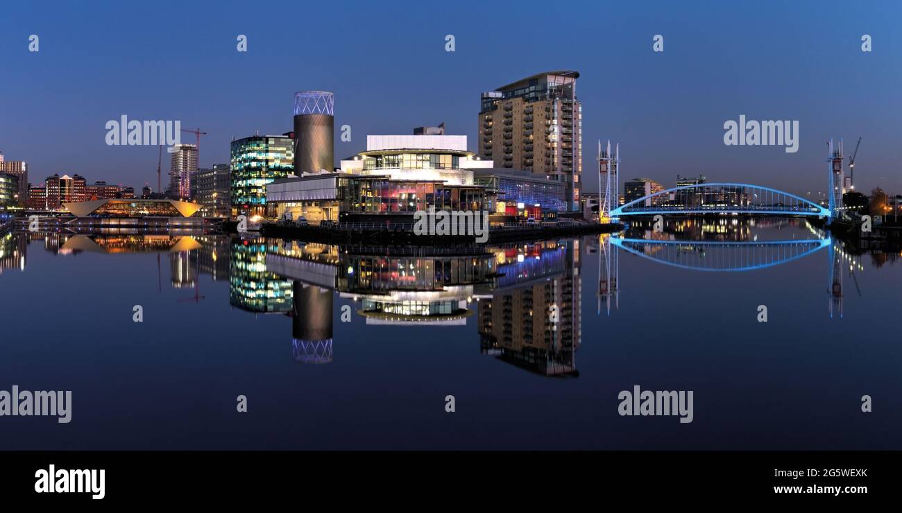 Panorama View of the Lowry at Salford Quays, Manchester, United Kingdom Stock Photo