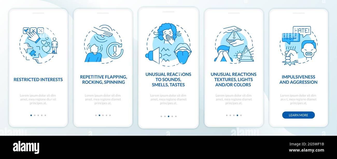 ASD symptoms onboarding mobile app page screen Stock Vector